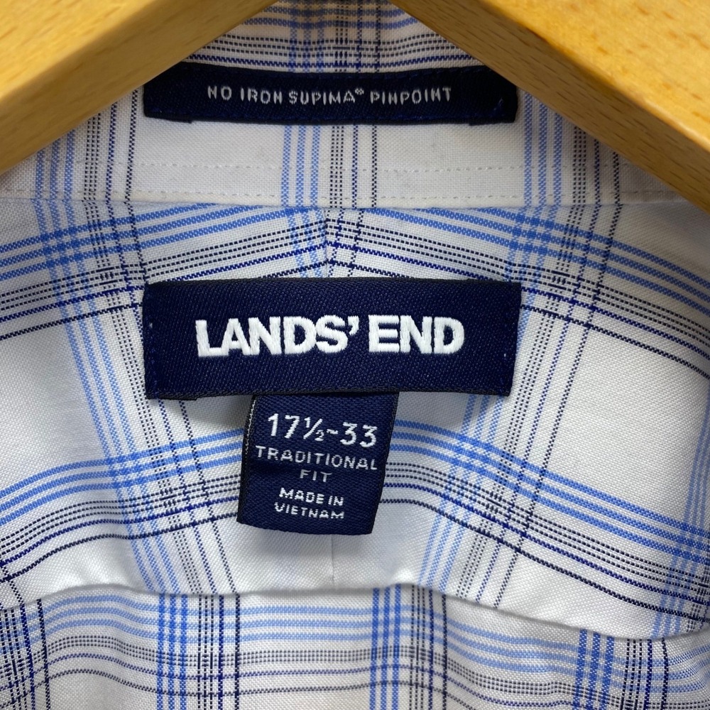 Lands' End Mens Blue Plaid Supima Cotton No Iron Dress Shirt 17.5-33 Traditional - Picture 2 of 12